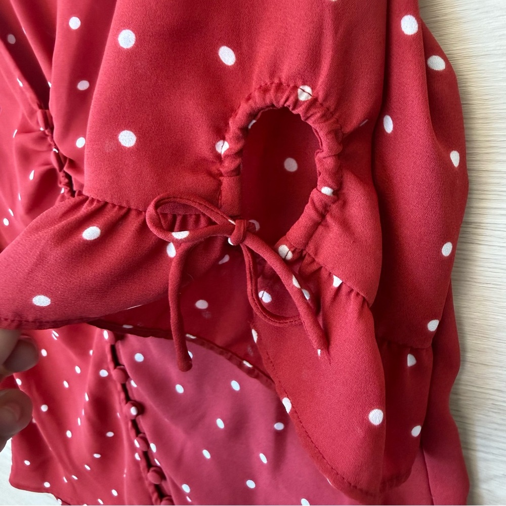 Madewell Red Polka Dot Blouse |Button Front Tie Sleeve Size 0 - Picture 4 of 9